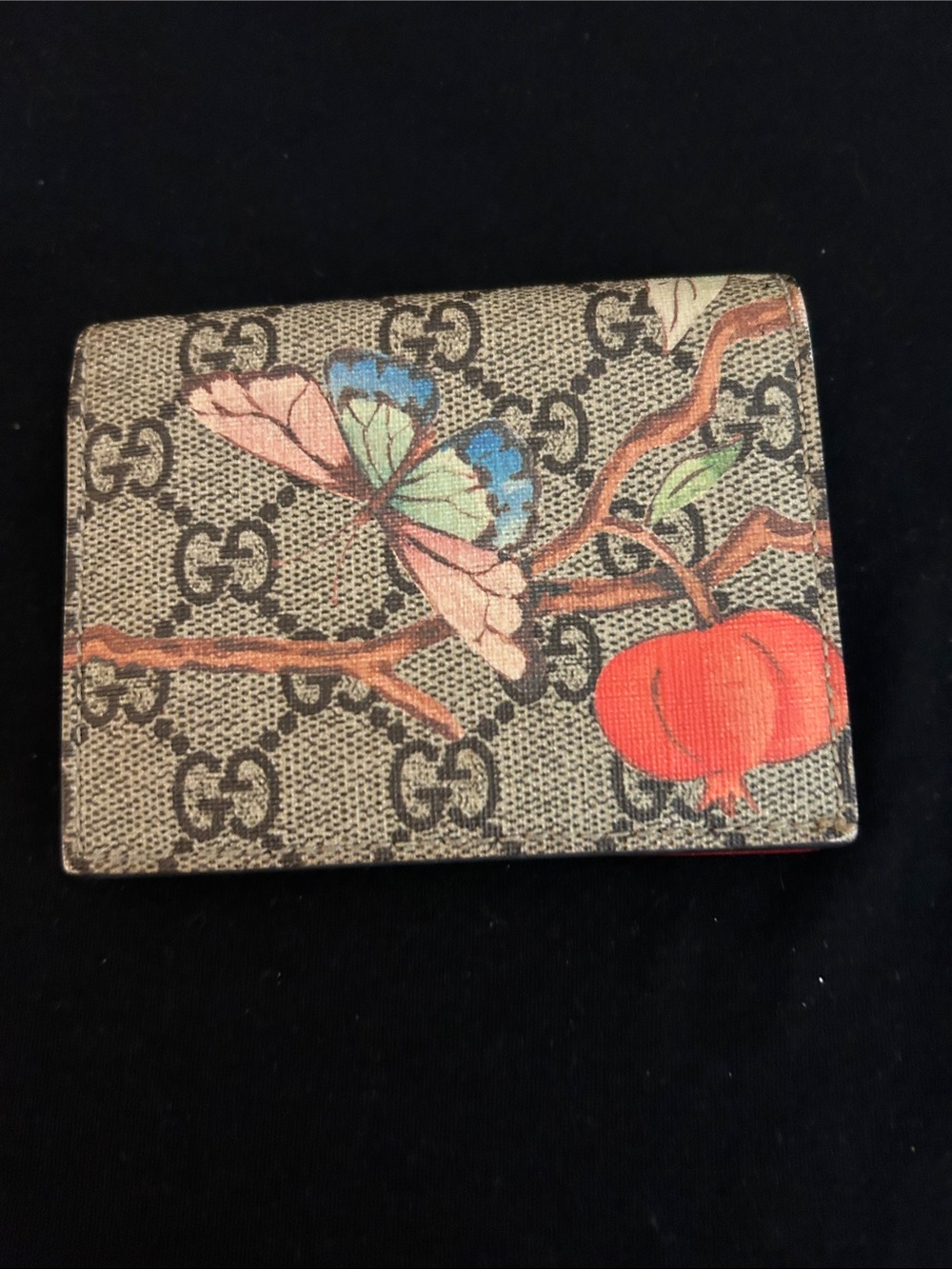 Gucci Beige GG Supreme Canvas Card Holder with Butterfly & Floral Print